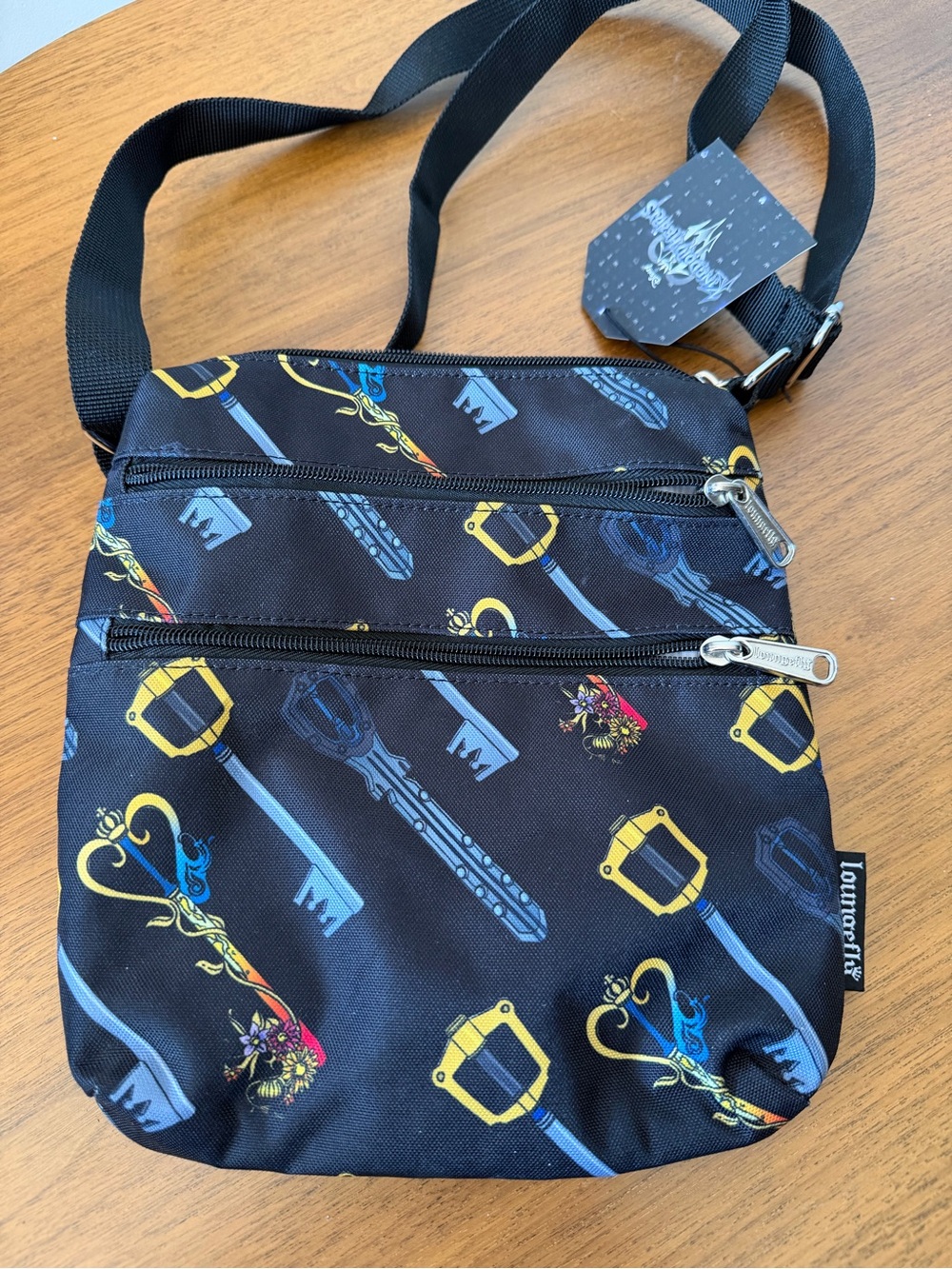 Loungefly Black Key & Lock Pattern Belt Bag with Yellow and Blue Accents